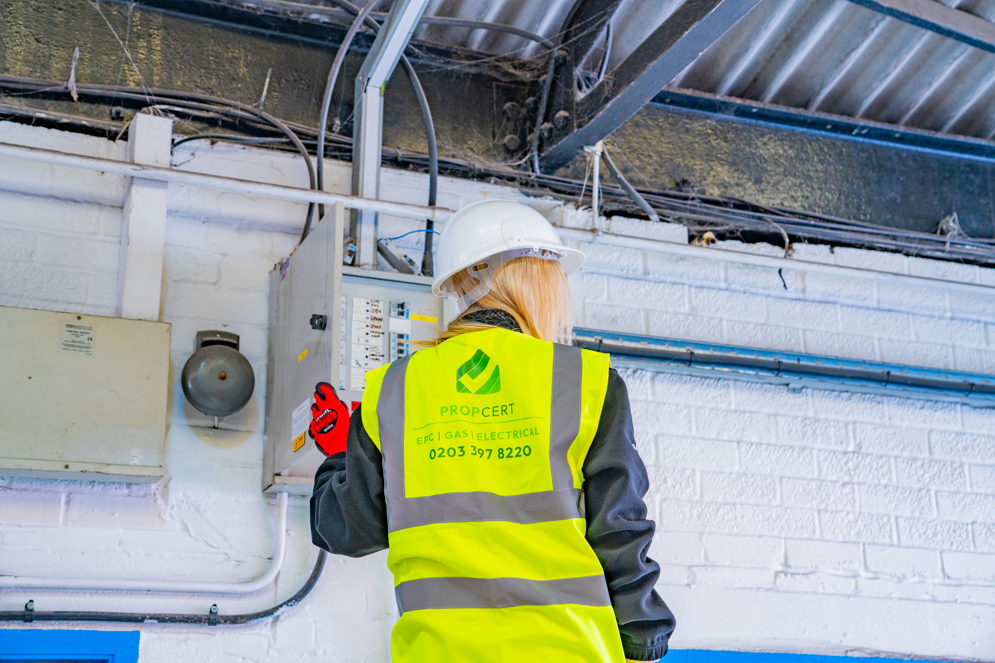 assessing fuse box on ladder