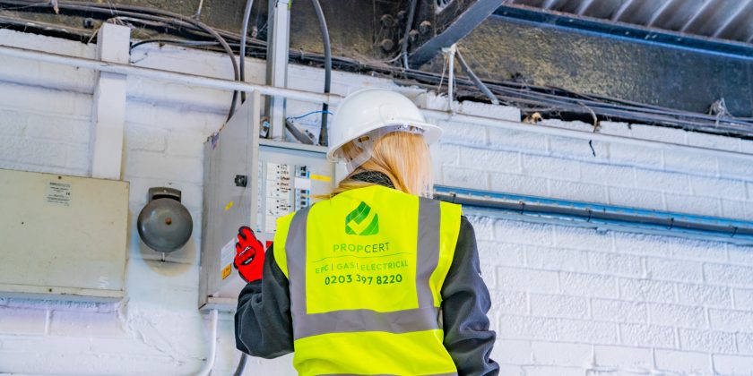 assessing fuse box on ladder