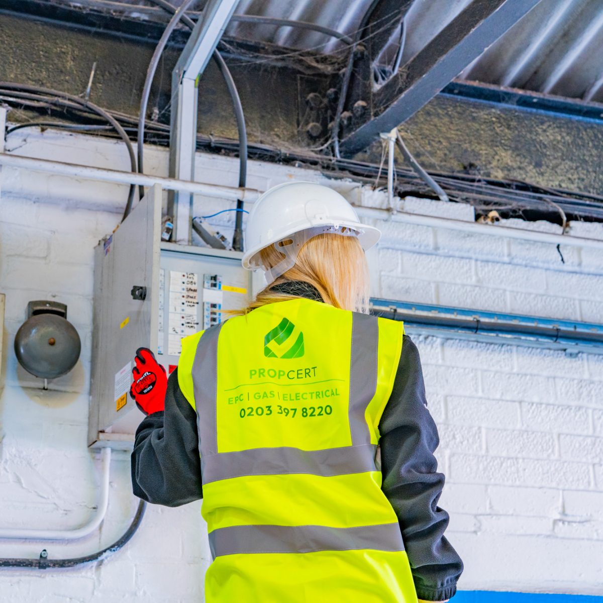 assessing fuse box on ladder